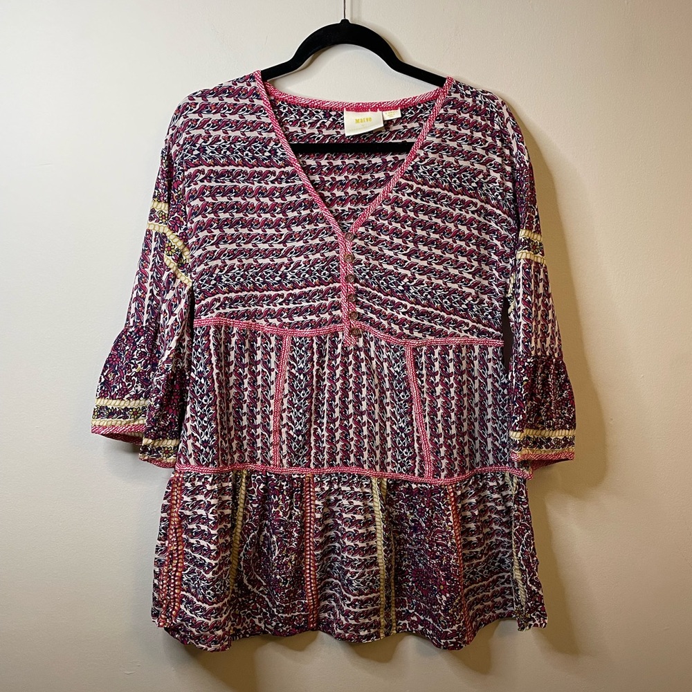 Anthropologie Maeve Lilyana Tiered Silk Blouse Floral Boho Vacation Beach